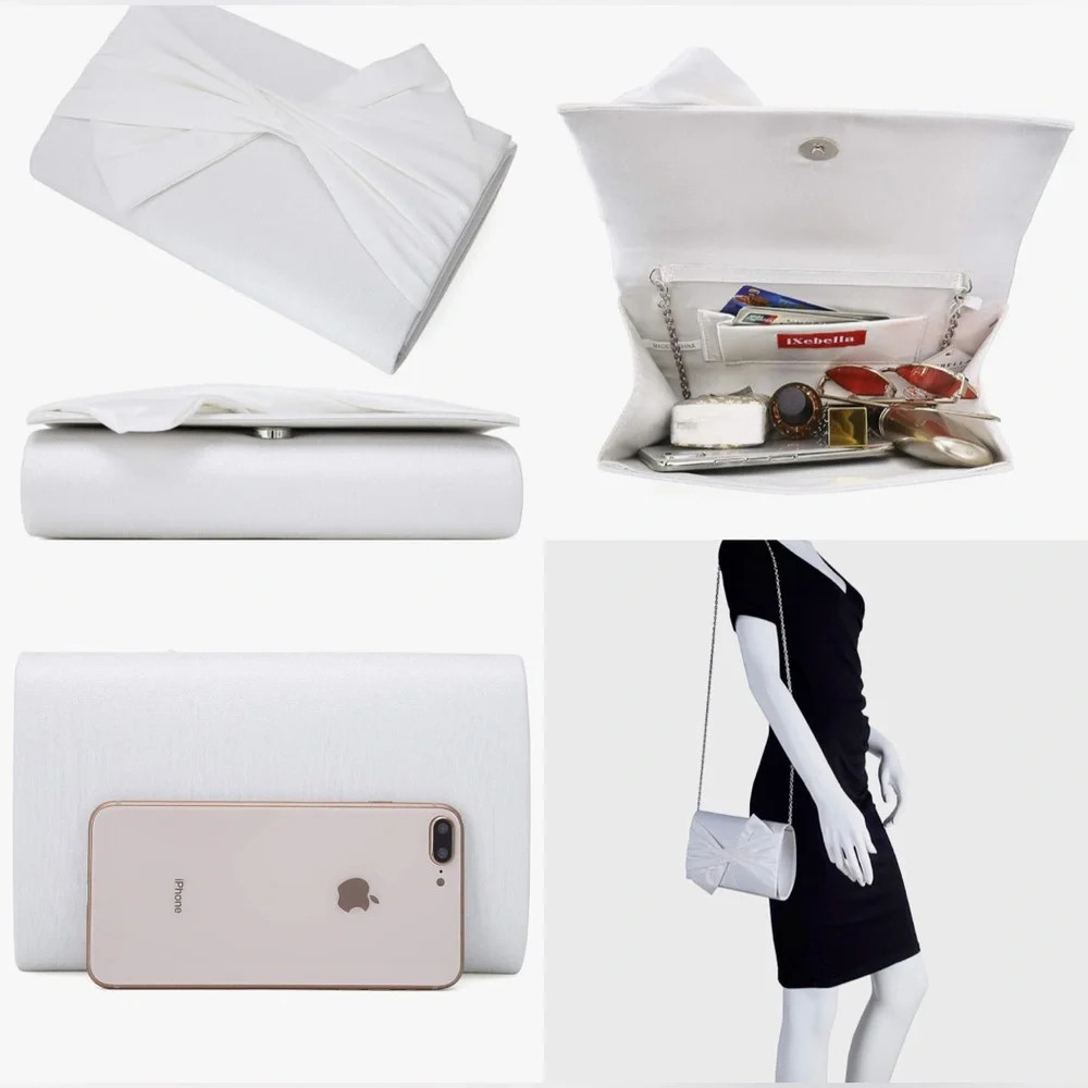 Satin Evening Bag Bow Flap Clutch Purse Crossbody Bag White Formal Bag